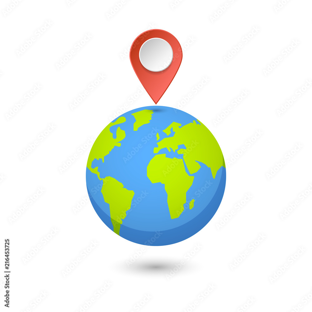 Planet and map pins icon. Earth and colorful map label. Modern graphic elements for web banners, web sites, printed materials, infographics. Vector illustration. Planet and map pins icon. Earth and colorful map label. Modern graphic elements for web banners, web sites, printed materials, infographics. Vector illustration.