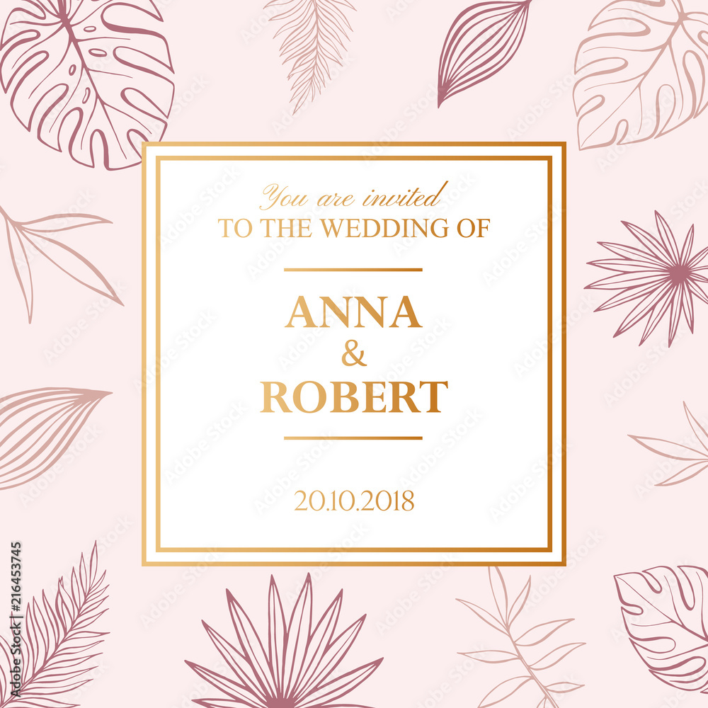 Wedding Invitation Card in pastel colors. Tropical Background. Vector