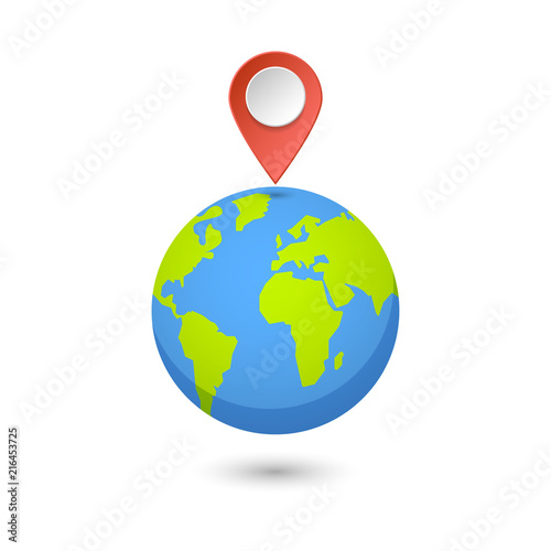 Planet and map pins icon. Earth and colorful map label. Modern graphic elements for web banners, web sites, printed materials, infographics. Vector illustration.