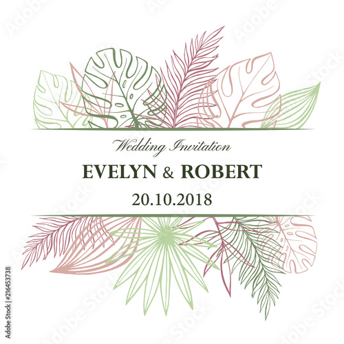 Wedding Invitation Card in pastel colors. Tropical Background. Vector Template. Fashion Graphic.