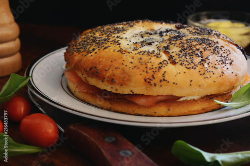 Close up view of smoked salmon bagel with cream cheese