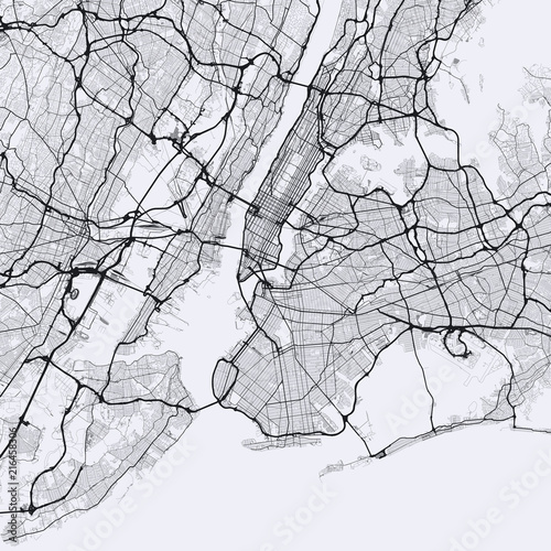 Light New York City map. Road map of New York (United States). Black and white (light) illustration of new york streets. Transport network of the Big Apple. Square format.