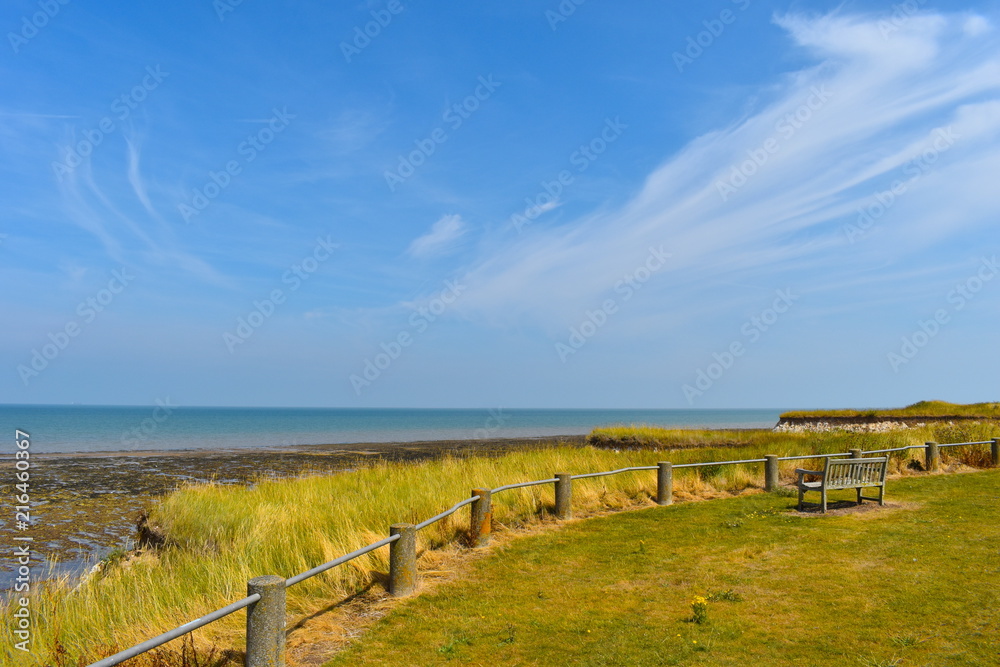 Bench ideally overlooking Minnis Bay Beach. Plan a great day out. Birchington, Kent, UK