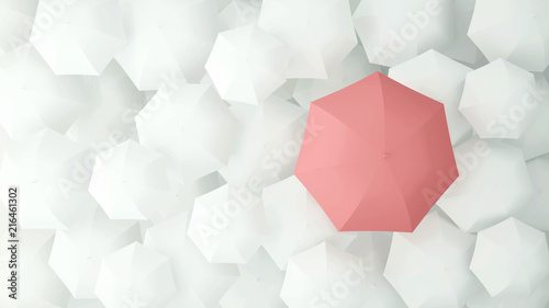 Pink umbrella on the background of many white umbrellas.Artwork for comparison of victory or Comparison of the competition.Business artwork.3D Illustration.