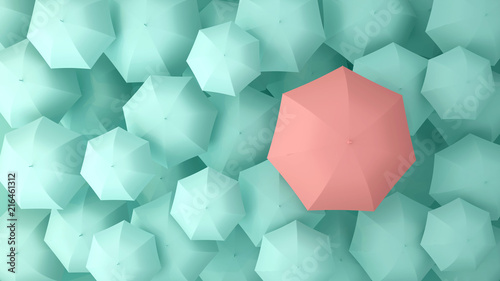 Billede på lærred Pink umbrella on the background of many light green umbrellas