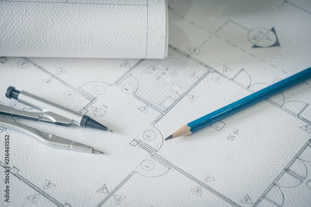Architecture plan and rolls of blueprints Architecture plan and rolls of blueprints
