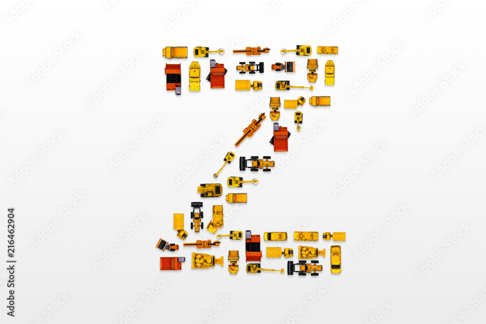 English letters formed by arrangement of Car toy diecast on the white background , Top view English letters formed by arrangement of Car toy diecast on the white background , Top view