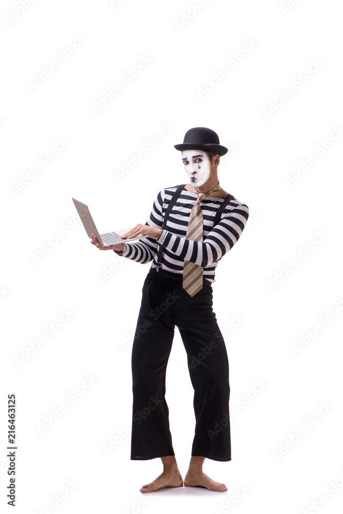 Mime with laptop isolated on white background