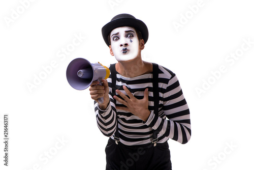 Mime with megaphone isolated on white background