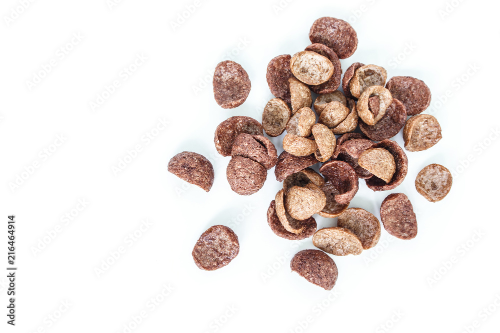 corn flakes cocoa top view on white background. corn flakes cocoa top view on white background.