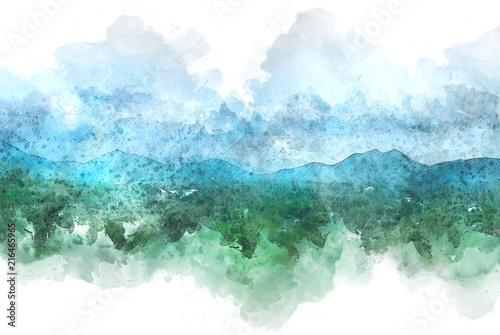 Beautiful colorful mountain peak watercolor painting background. © Watercolor_Concept