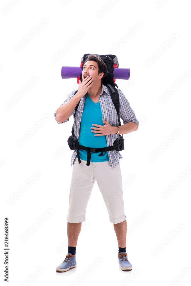 Backpacker with large backpack isolated on white Backpacker with large backpack isolated on white