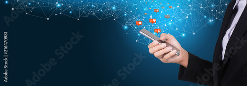Businesswoman using mobile smart phone, Social, media, Marketing concept