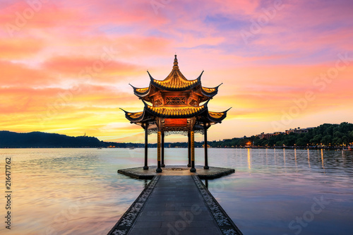 Hangzhou west lake jixian pavilion at sunset © ABCDstock