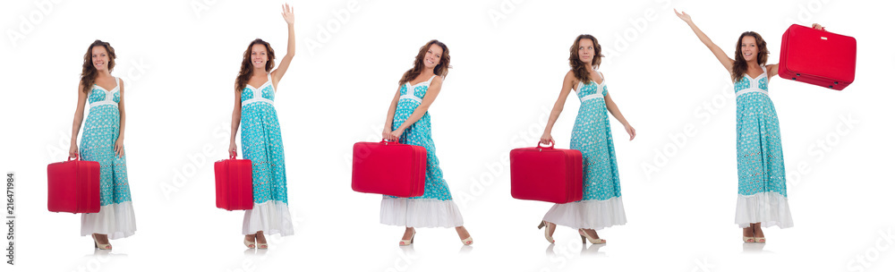 Woman traveller with suitcase isolated on white Woman traveller with suitcase isolated on white
