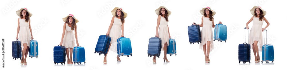Woman traveller with suitcase isolated on white Woman traveller with suitcase isolated on white