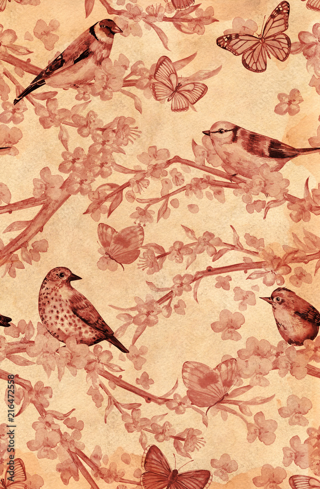 Fototapeta premium olden shabby banner with flowering cherry and birds. watercolor painting