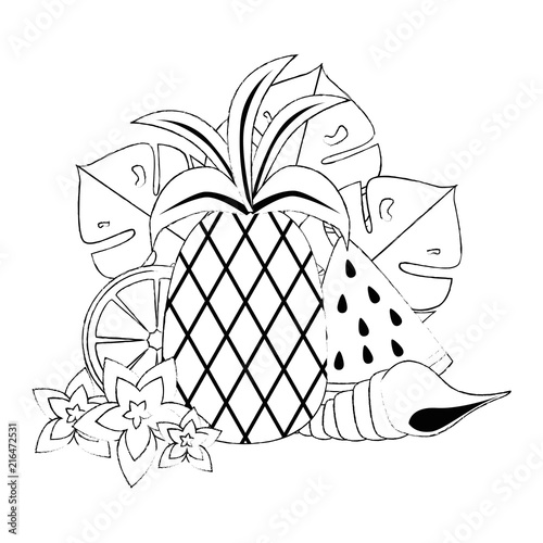 watermelon sliced with pineapple and snail shell