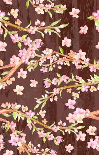 romantic seamless texture with blossom cherry. watercolor painting