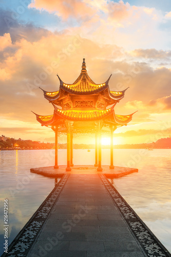 Hangzhou west lake jixian pavilion at sunset