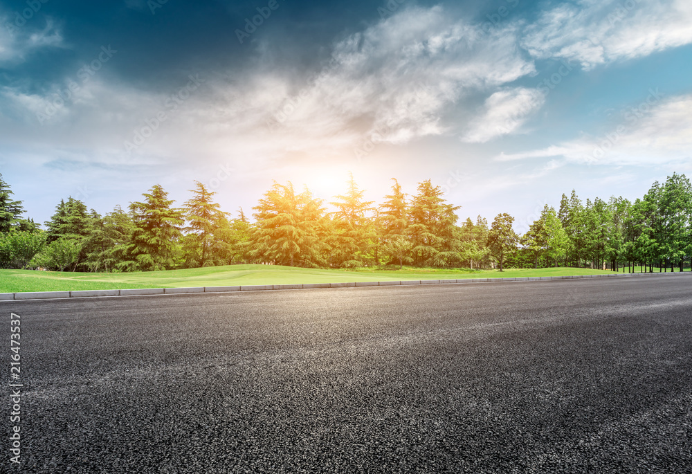Asphalt road and green forest landscape at sunset Asphalt road and green forest landscape at sunset