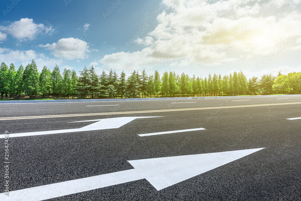 Fototapeta premium Asphalt road and green forest landscape under the blue sky