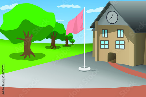 school front view blue sky green tree and flagstaff, cartoon style vector illustration