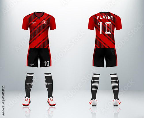 3D realistic mock up of front and back of soccer jersey shirt. Concept for red  soccer team uniform or football apparel mockup design in vector  illustration. Stock Vector | Adobe Stock