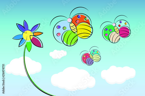 vector illustration colorful Butterfly flying with flower on blue sky background