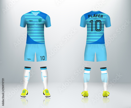 3D realistic mock up of front and back of soccer jersey shirt. Concept for blue soccer team uniform or football apparel mockup design in vector illustration.