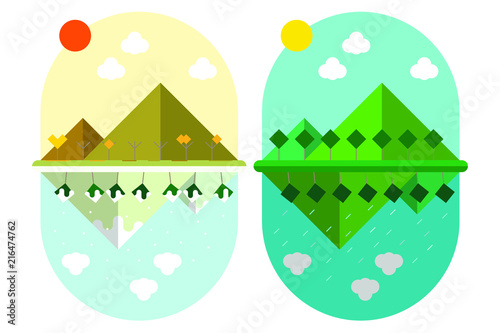 vector illustration flat style design Land Mountain and trees with 4 seasons weather in the same location