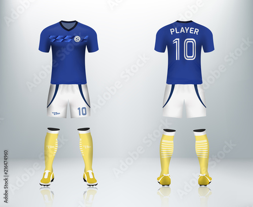 3D realistic mock up of front and back of soccer jersey shirt. Concept for blue soccer team uniform or football apparel mockup design in vector illustration.