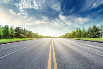Asphalt road and green forest landscape under the blue sky