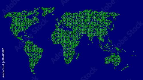 World map made of spheres  balls  points  particles. 3d render.Green colors. Thin density