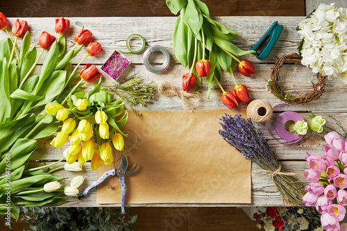 Top view of of flower blossom florist retail shop