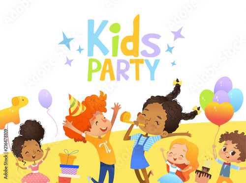 Joyous Multiracial kids in birthday hats and balloons happily jump. Cute rabbits, a bunch of presents on the background. Vector Illustration of a Happy Birthday Greeting Card or invitation flyer.