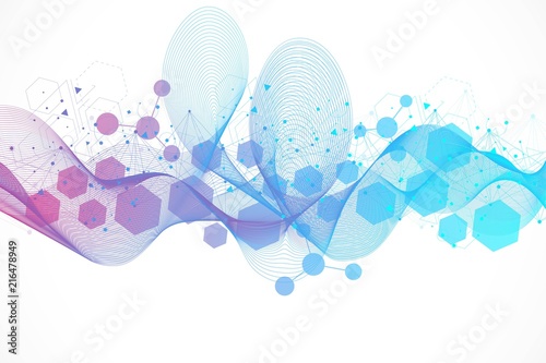 Modern futuristic background of the scientific hexagonal pattern. Virtual abstract background with particle, molecule structure for medical, technology, chemistry, science. Wave flow.