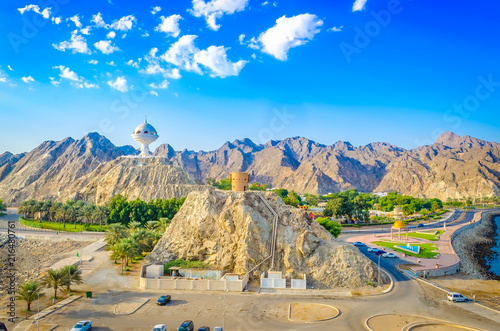 Beautiful aerial view of the majestic frankincense burner monument and mountains. From Muscat, Oman. photo