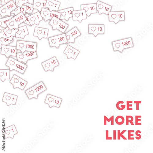 Social media icons. Social media marketing concept. Falling pink like counter. Scattered top left co