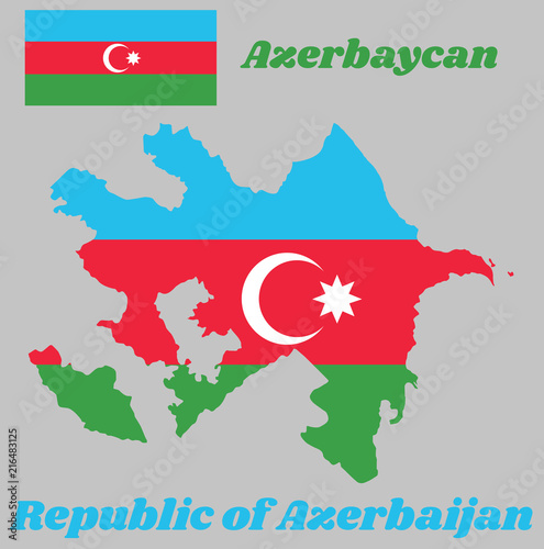 Map outline and flag of Azerbaijan, a horizontal tricolor of blue, red, and green, with a white crescent and an eight-pointed star centered on a red band. with name text Republic of Azerbaijan.