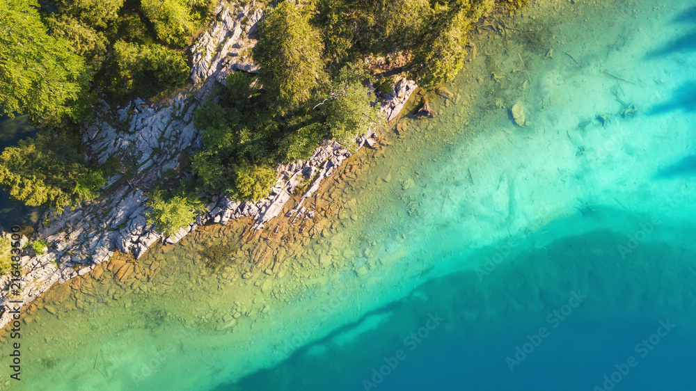 Aerial view at the lake and forest. Beautiful natural landscape from air in the Switzerland
