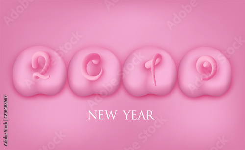New year 2019 banner with pig pink backsides with tails in shape of numbers. Vector illustration