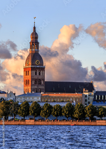 Riga Old Town during sunset time. Panoramic montage from 30 images
