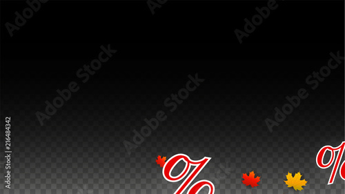 Vector Percentage Sign and Autumn Leaves Confetti on Transparent Background. Percent Sale Background. Business, Economics, Finance Print. Discount Illustration. Promotion poster. Black Friday Banner. 