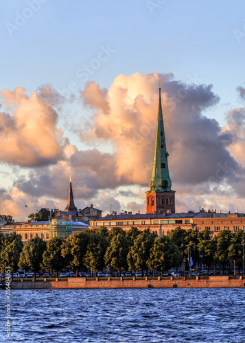 Riga Old Town during sunset time. Panoramic montage from 30 images