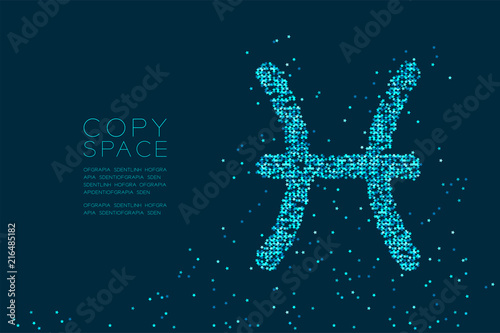 Abstract Star pattern Pisces Zodiac sign shape, star constellation concept design blue color illustration isolated on dark blue background with copy space, vector eps 10