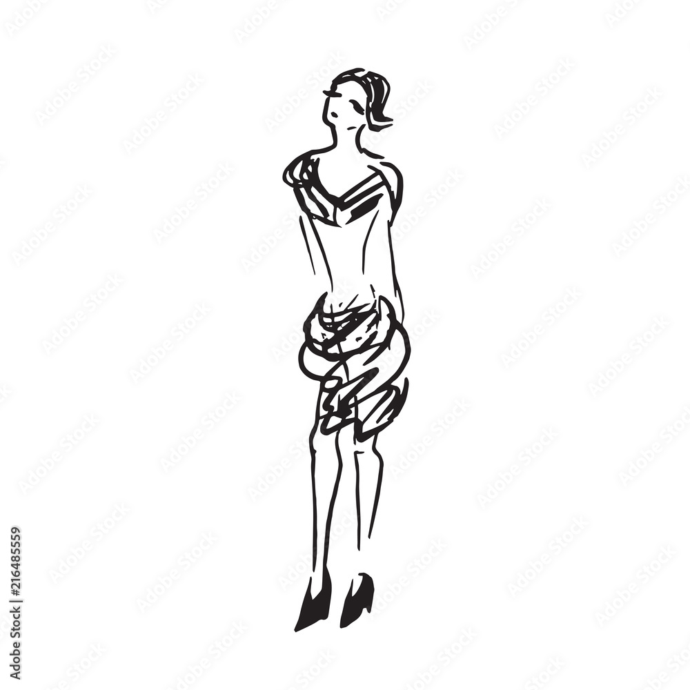 Abstract free fashion model in dress hand drawn ink doodle, sketch, outline black and white vector fashion illustration Abstract free fashion model in dress hand drawn ink doodle, sketch, outline black and white vector fashion illustration