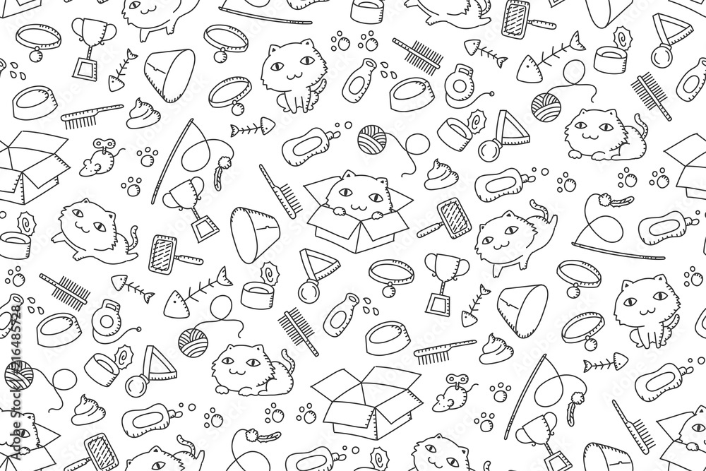 Seamless pattern background Cat and equipment kids hand drawing set illustration black color isolated on white background