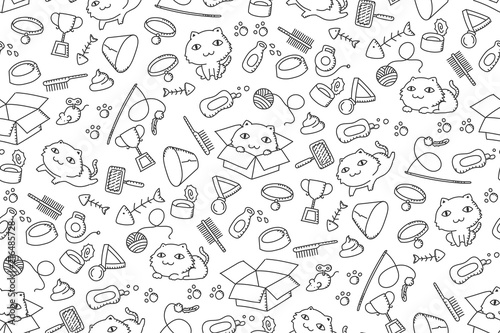 Seamless pattern background Cat and equipment kids hand drawing set illustration black color isolated on white background