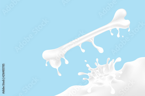 Milk splash Bone shape, World Milk Day concept 3D virtual design illustration isolated on blue background with copy space, vector eps 10